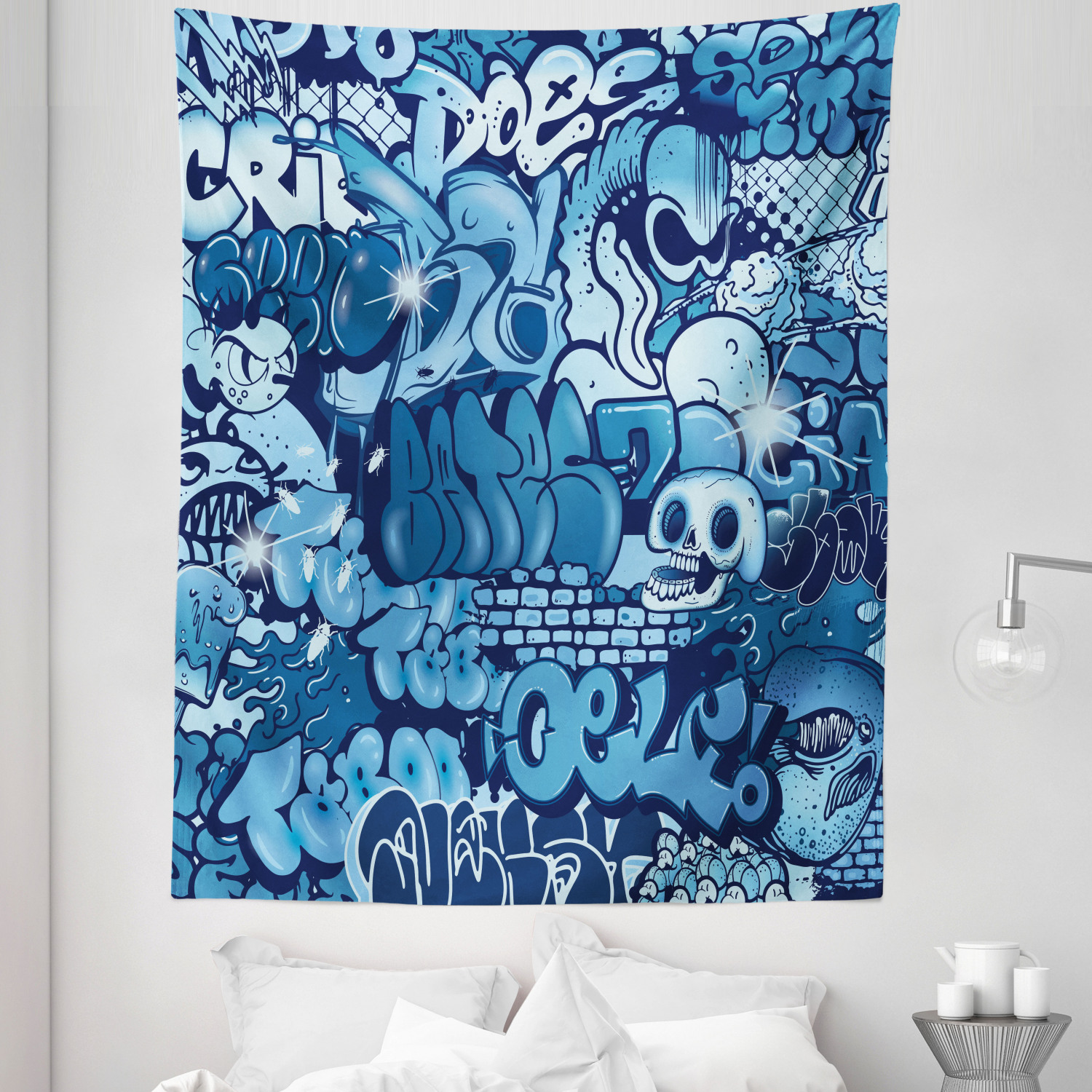 Urban Graffiti Tapestry, Xenomorph Alien and Skull on Aquatic Shaded