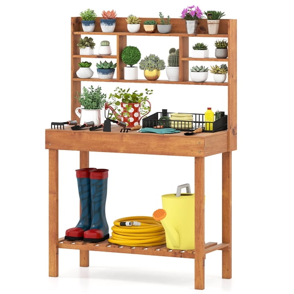 Costway Potting Bench Table with Flip-up Tabletop, Storage Shelves for Patio Porch Balcony Brown
