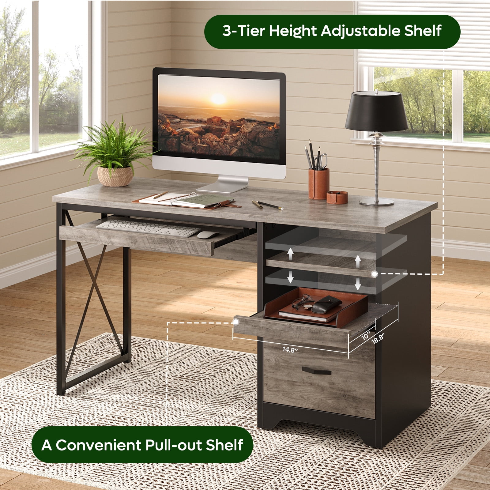 Bestier 47 inch Computer Desk with Storage File Drawer & Keyboard Tray, Home Office Writing Desk Work Study Table for Small Space, Wash Gray