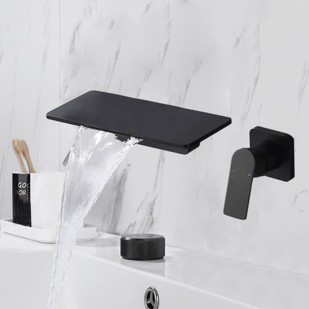 Dwellnix Copper Waterfall Faucet with Concealed Installation, Matte Black Wall-Mounted Faucet for Bathroom, Kitchen, and Modern Sink Areas