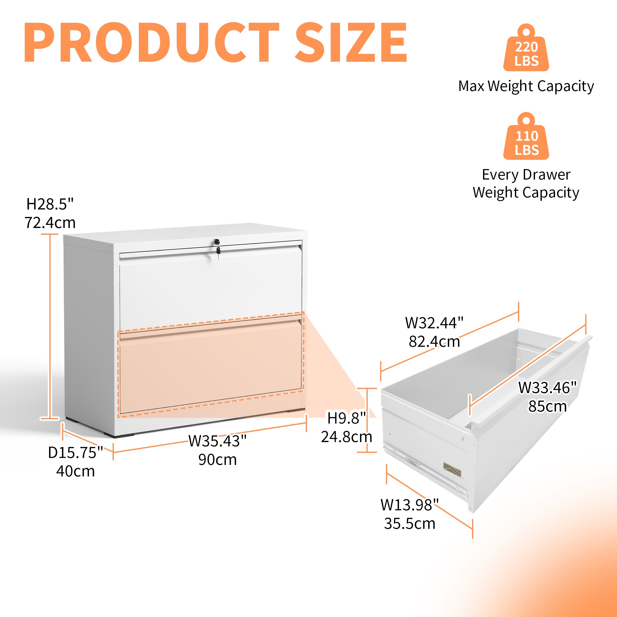 Lateral File Cabinet 2 Drawer, White Filing Cabinet with Lock, Lockable File Cabinet for Home Office, Locking Metal File Cabinet for Legal/Letter/A4/F4 Size