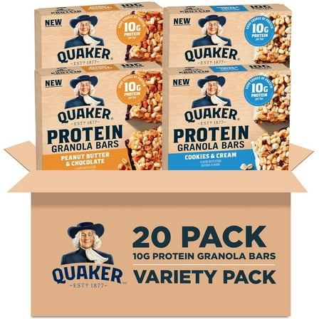 Quaker Protein Granola Bars, 2 Flavor Variety Pack, 10g Protein, 1.41 oz Bars, 20ct