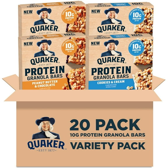 Quaker Protein Granola Bars, 2 Flavor Variety Pack, 10g Protein, 1.41 oz Bars, 20ct