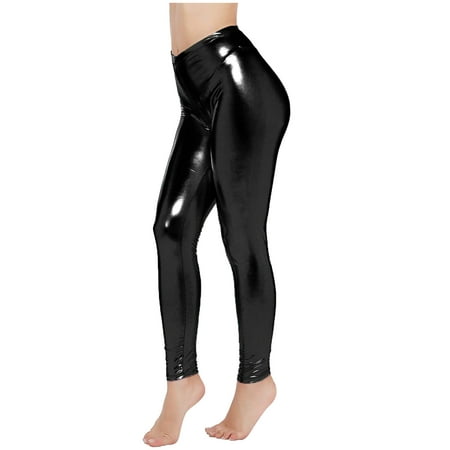 Fortune Women High Waist Pants PU Leather Leggings Black Glossy Shiny ...