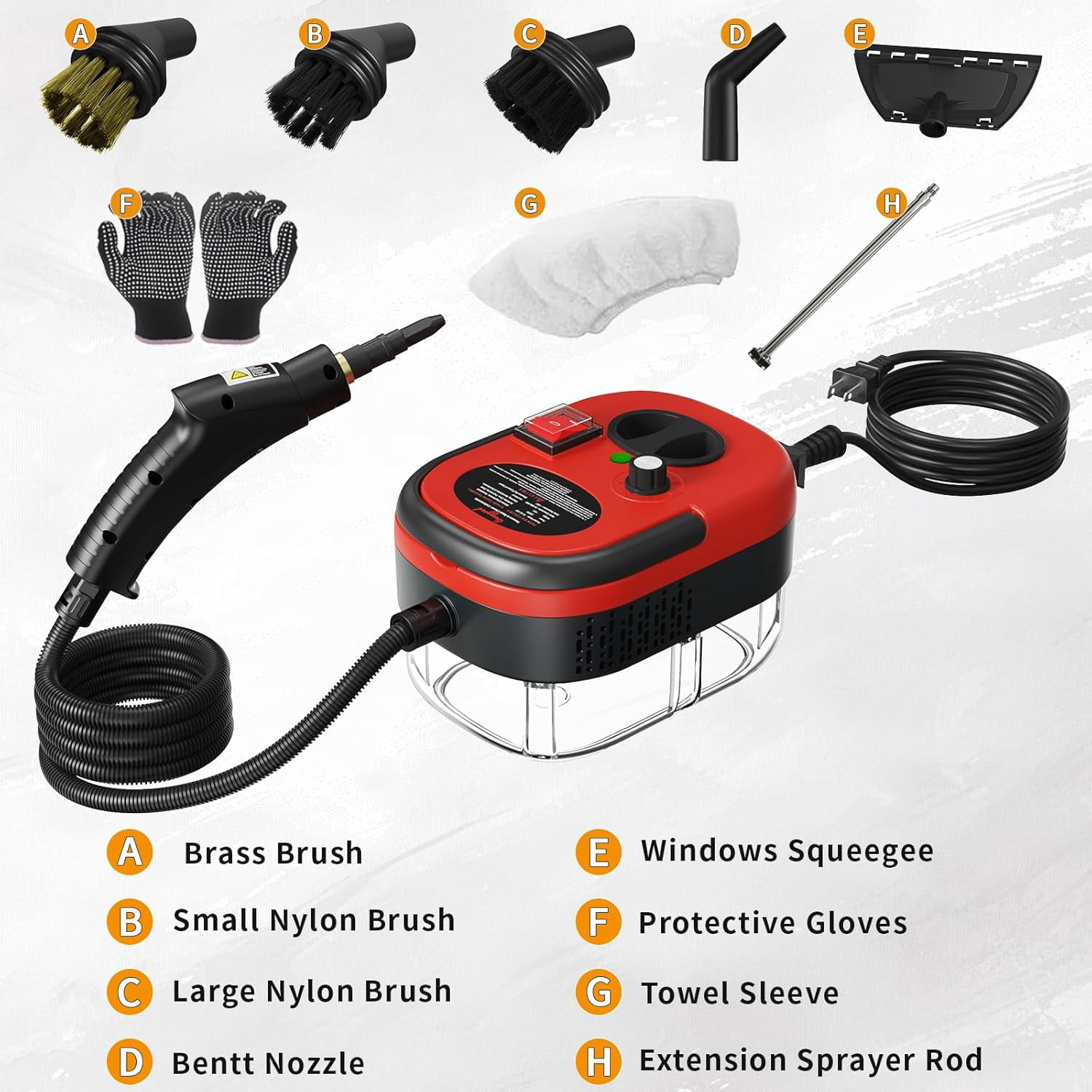 2500W Portable High Temperature Steam Cleaner, Handheld Steamer with Brush Heads for Car Detailing, Couch, Windows, Kitchen, Bathroom, Grout & Tile Cleaning(Red)
