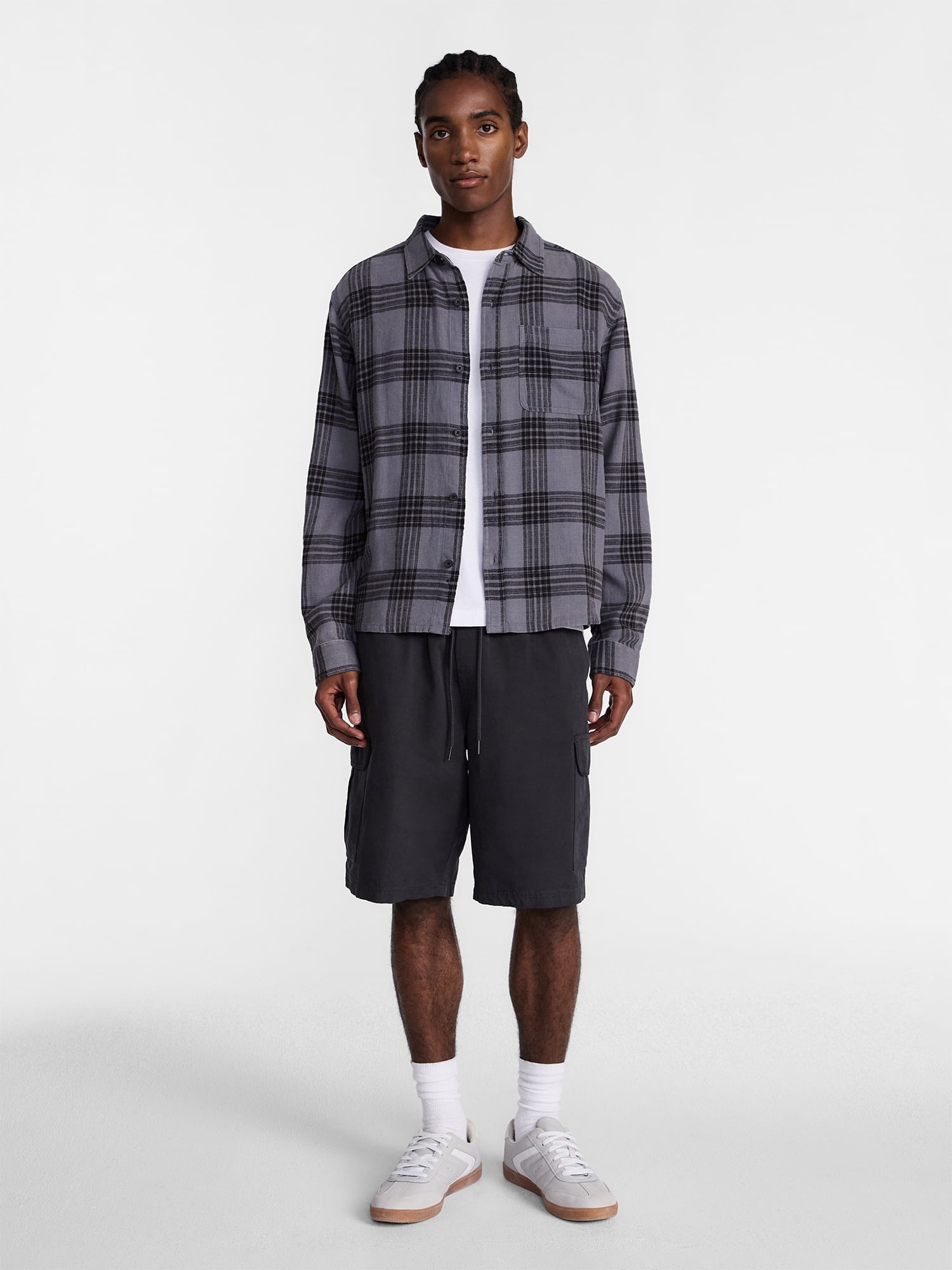 No Boundaries Boxy Fit Grunge Flannel Shirt with Long Sleeves, Men's XS-4XLT