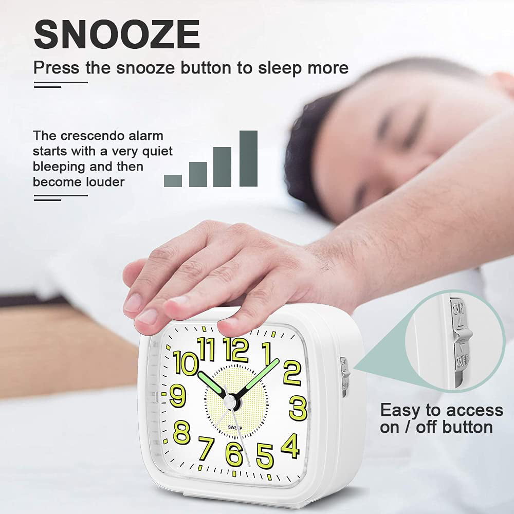 HOPSEM Non Ticking Alarm Clock Battery Powered Silent Bedside Clocks Snooze Night Light Bedroom Clocks Clear Display Table Clock Crescendo Alarm Easy to Operate for Home 