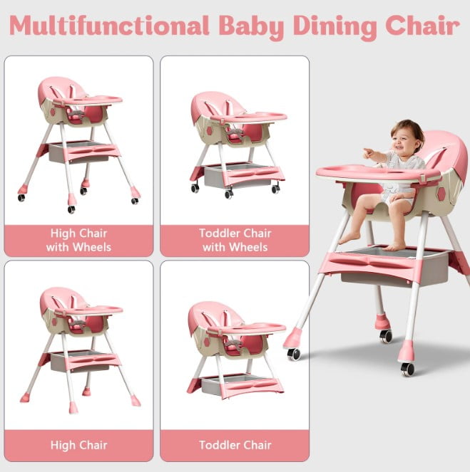 LHUAI, Foldable Baby High Chair, 4 in 1 Convertible High Chairs, With 5-Point Safety Harness, Adjustable Dining Tray & Backrest & Height, Easy To Clean Surface, For Babies And Toddlers, Pink