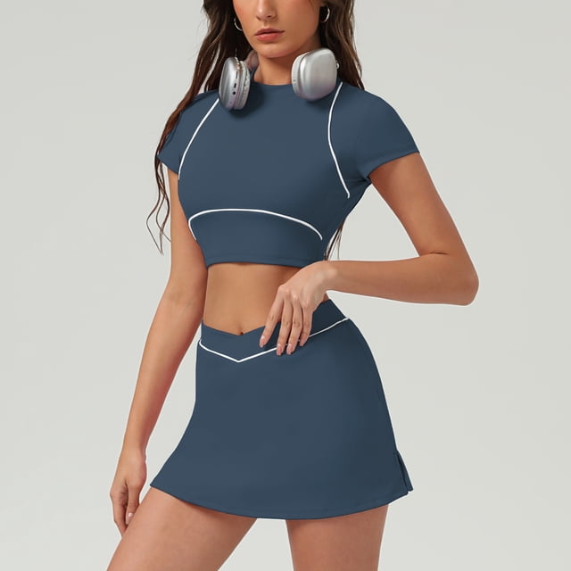 PISONIC Robe de Tennis 2 Pcs pour Femmes Jupe de Tennis Manches Courtes Crop Top Tenues d'Entraînement de Golf