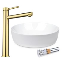 Aquaterior 16" Round Bathroom Ceramic Vessel Sink Faucet Set Vanity Mixer Faucet w/Pop Up Drain Gold (CUPC NSF CEC)
