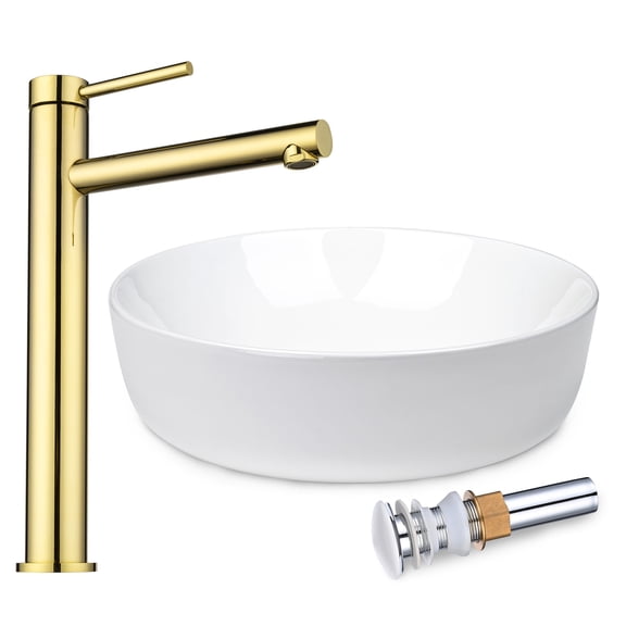Aquaterior 16" Round Bathroom Ceramic Vessel Sink Faucet Set Vanity Mixer Faucet w/Pop Up Drain Gold (CUPC NSF CEC)