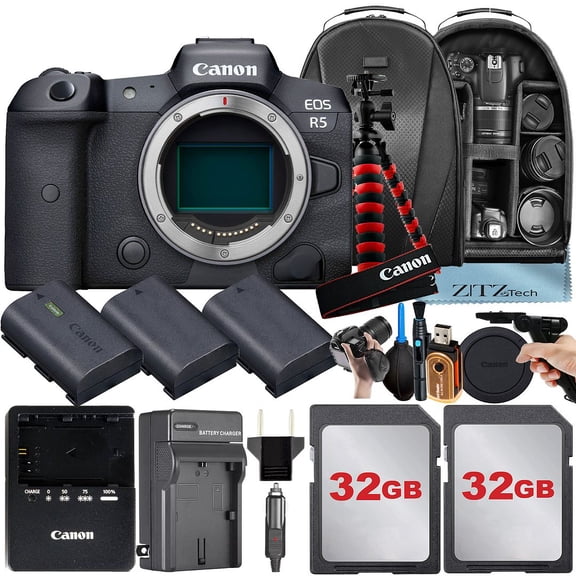 Canon EOS R5 Mirrorless Camera (Body Only) with 2 Pack 32GB Memory Card   3 Pieces Battery   Backpack   Tripod   ZeeTech Accessory Bundle (International Version)
