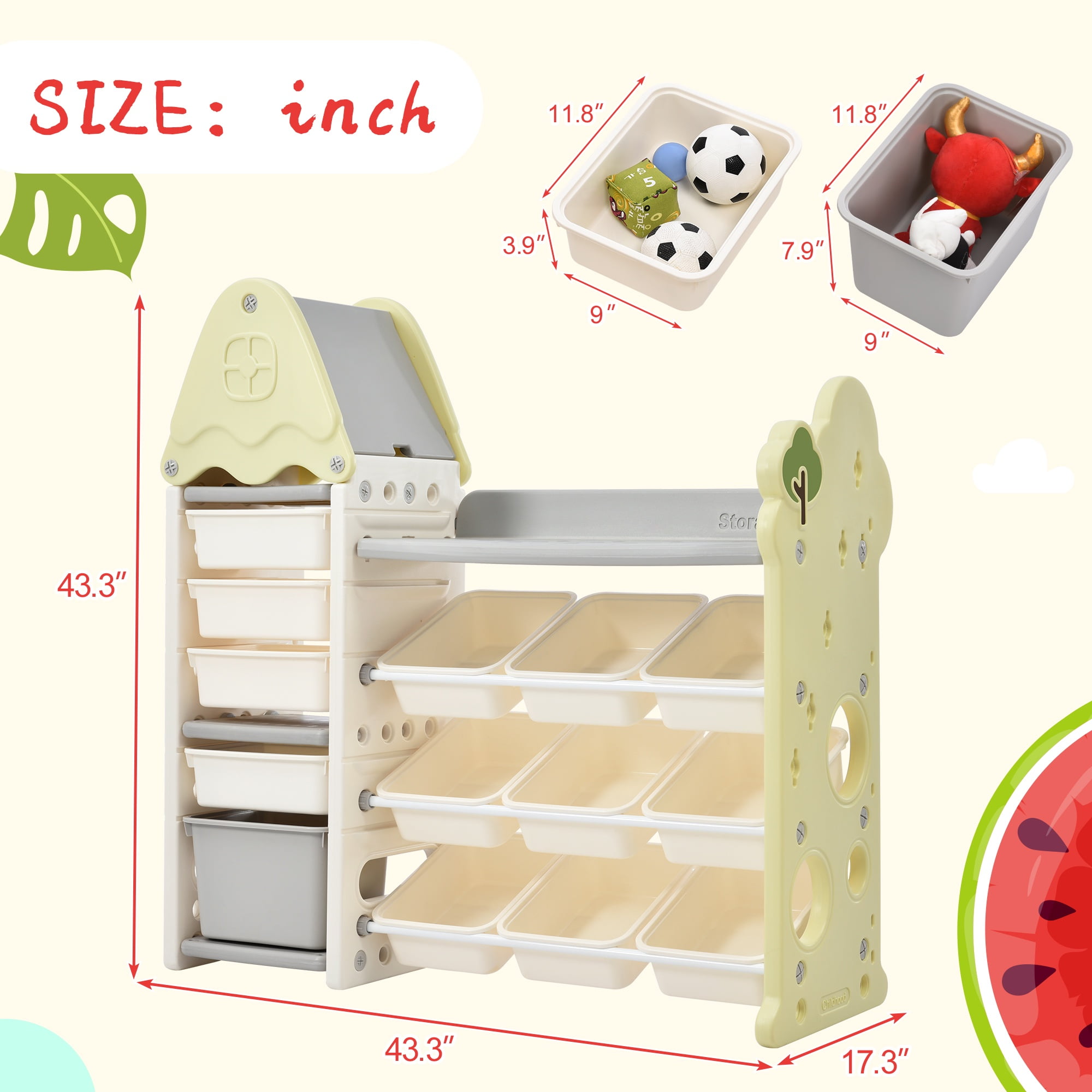 PORKISS Kids Bookshelf, HDPE Toy Storage Organizer with 14 Bins, Multi-Functional Bookshelf for Kids for Living Room, Bedroom, Nursery, Playroom, Light Green