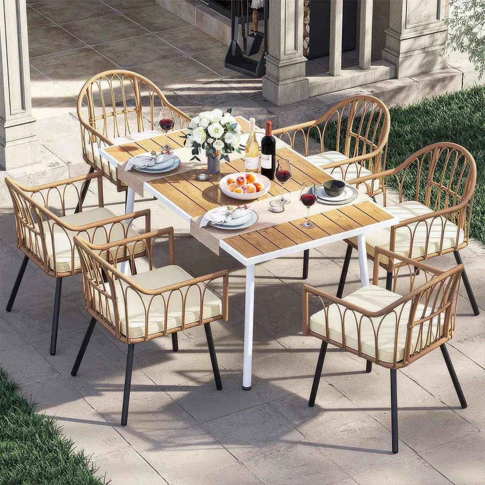 Dextrus 59in Outdoor Patio Table, Rectangle Bistro Table with Umbrella Hole,Dining Table - Beige