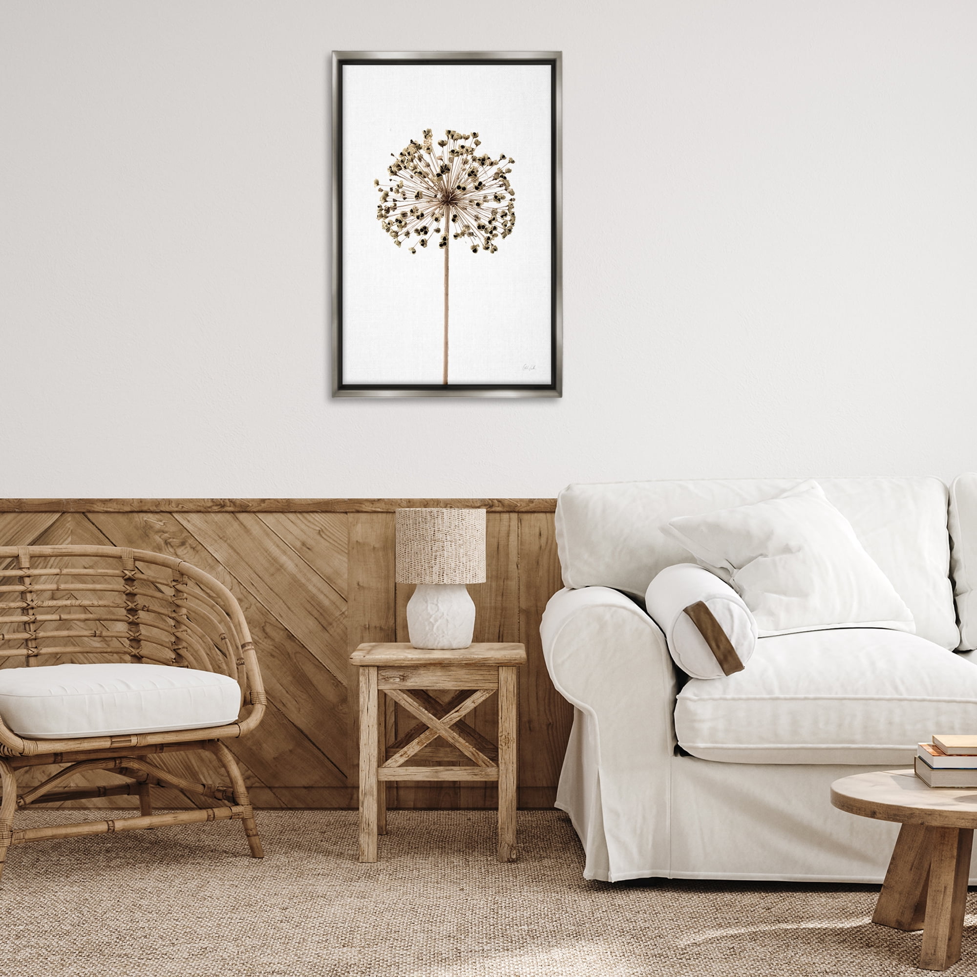 Stupell Industries Minimal Allium Bud Plants & Flowers Painting Gray Floater Framed Canvas Art Print Wall Art, 21 x 31