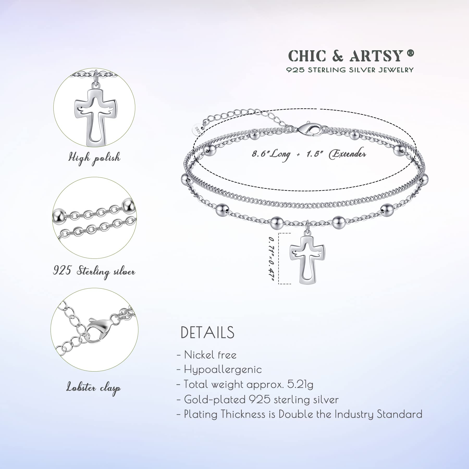 CHIC & ARTSY Ankle Bracelets for Women 925 Sterling Silver Anklets for Women - Adjustable Hypoallergenic Layered Foot Chain with Christian Cross Anklet