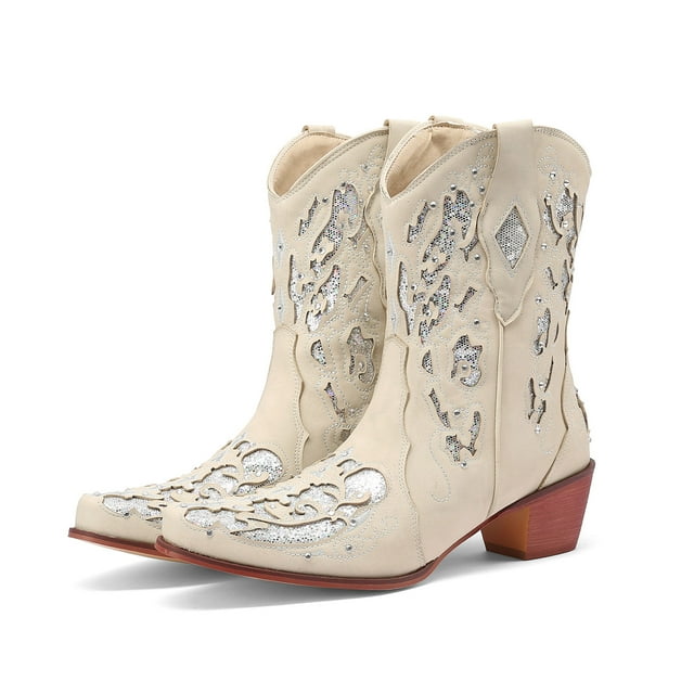 Mepaouo Bottes de Cowboy pour Femmes, Bottines de Cowgirl Brodées Western, Chaussures Rétro Country avec Strass