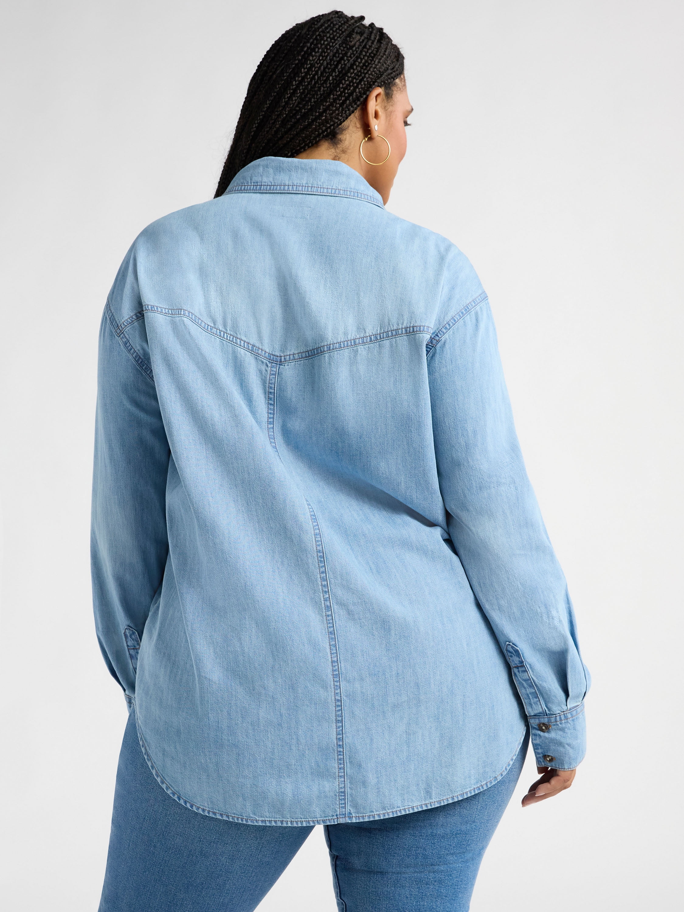 Sofia by Sofia Vergara Women's and Women's Plus Sofia Oversized Boyfriend Shirt with Long Sleeves, Sizes XS-4X