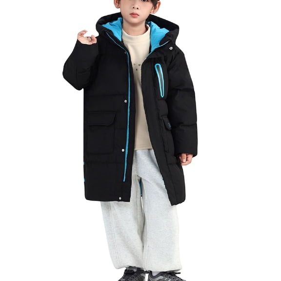 KAUOD Boys Long Winter Coats Waterproof Padded Hooded Puffer Jackets Kids Quilted Snap Buttons Insulated down Outwear