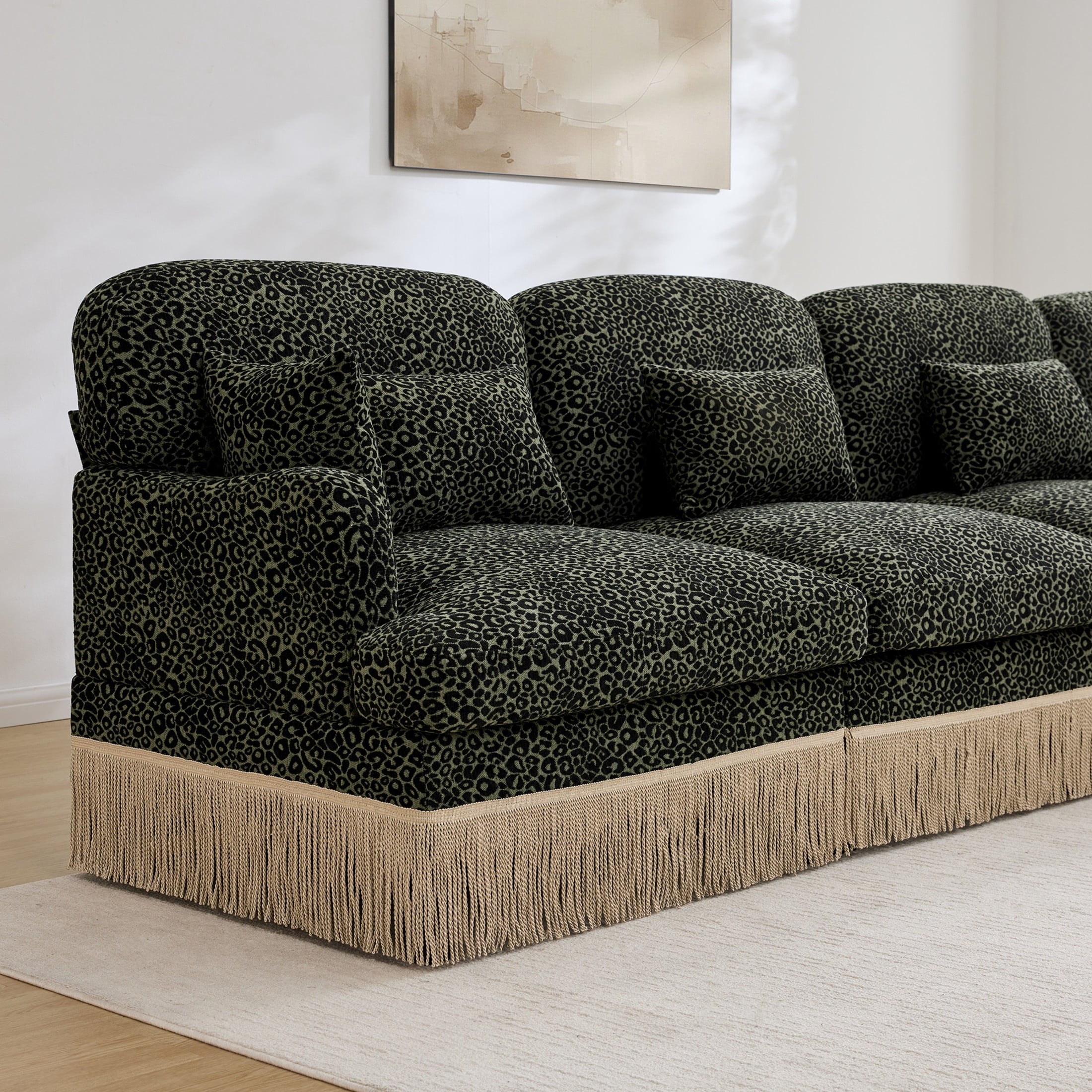 Noble House Carola Leopard Print Chenille 4-Seater Sofa, Modular Sectional Couch with 2 Ottomans and Tassel Trim, Green