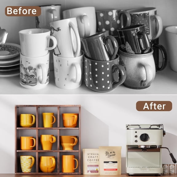 Floating Coffee Mug Display Rack 16 Inch, Wooden 9 Grid Wall Mounted Shelf, Functional Storage Organizer, Great for Kitchen or Office