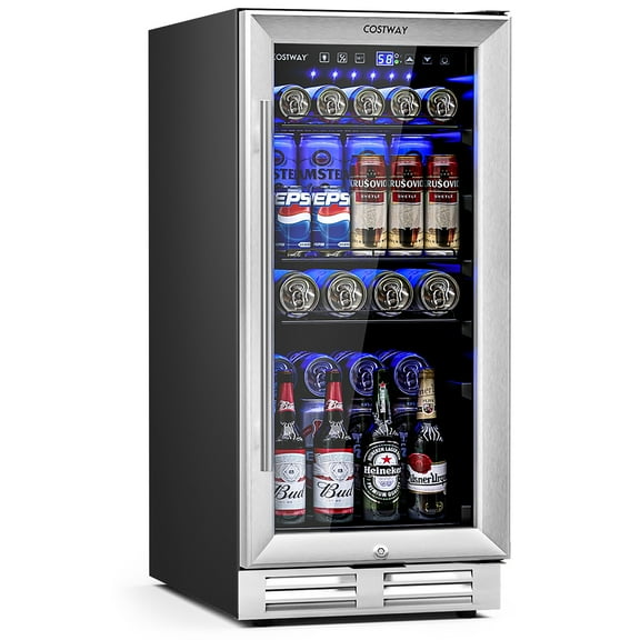 Costway 15 Inch Beverage Refrigerator, Built-in Beverage Cooler w/ Double-Layer Tempered Glass Door