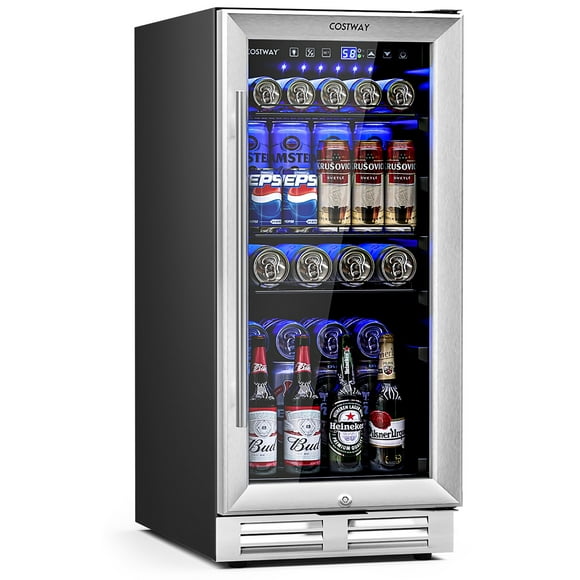 Costway 15 Inch Beverage Refrigerator, Built-in Beverage Cooler w/ Double-Layer Tempered Glass Door