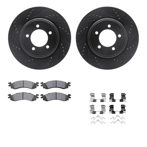 Dynamic Friction Company Front Brake Rotors-Drilled and Slotted-Black with 5000 Advanced Brake Pads includes Hardware 8512-54184
