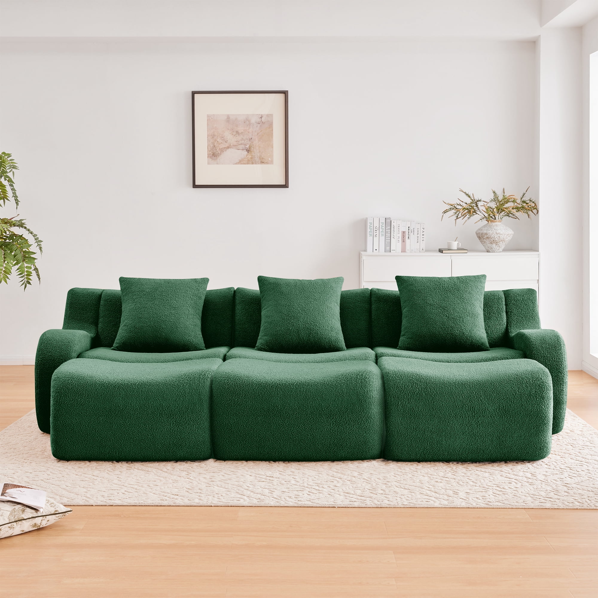 MAYEERTY 115.3" U-Shaped 3-Seat Teddy Fabric Boneless Sofa, Green 300lbs/seat 32D Foam No Assembly Couch with Chaise for Living Room Media Room