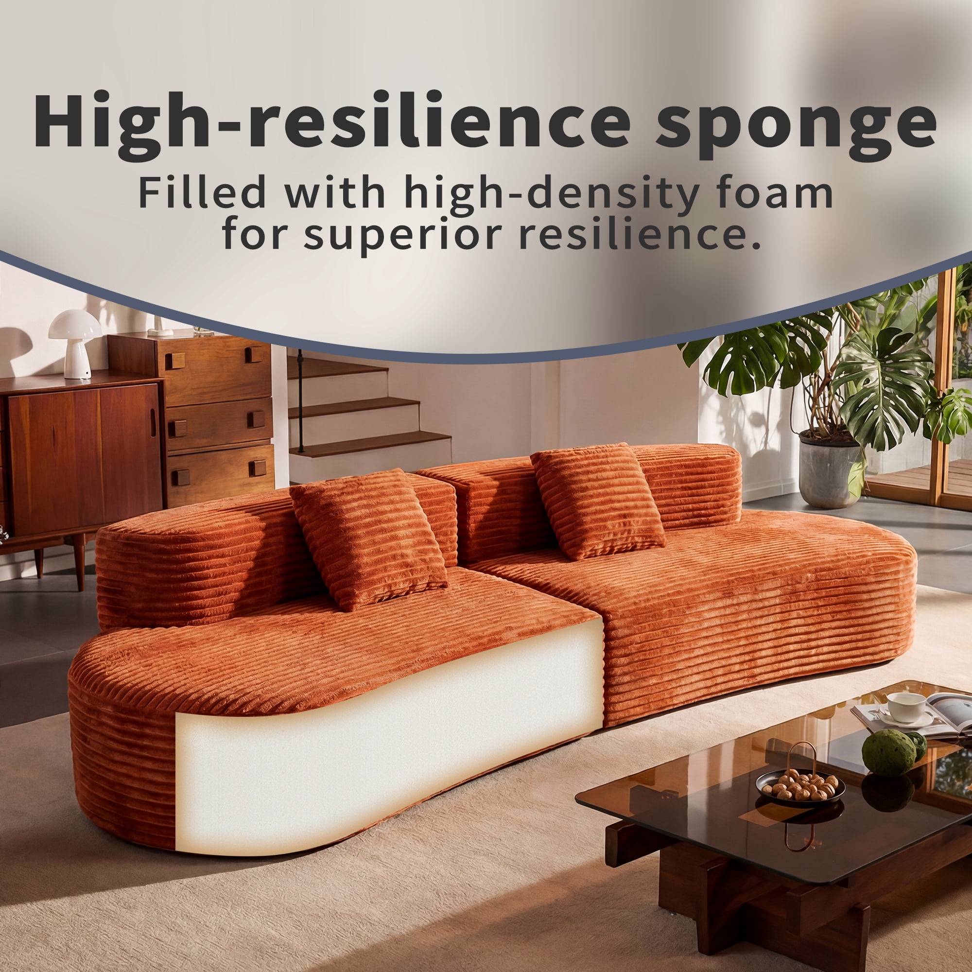 Sectional Sofa, 108.6-Inch Curved Couch, Modular Corduroy Sofa with 600 Lbs Capacity, 2 Throw Pillows, 45.67-Inch Width, Frameless Compression Design for Living Room Office, Brick Red