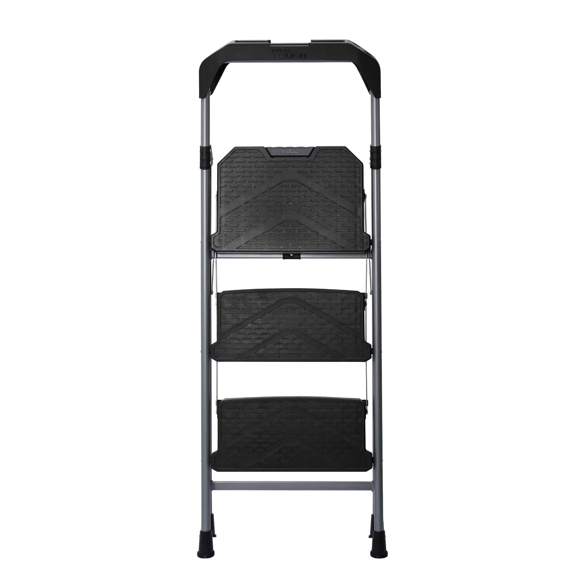 Hyper Tough 3-Step Foldable Steel Step Stool, Gray & Black, Large Platform, 300 lb Capacity