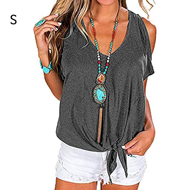 Guardurnaity Camiseta de mujer con cuello en V y hombros descubiertos, blusa informal de manga corta, negro, 3XL Prendas para la parte del cuerpo Gris oscuro S Guardurnaity AP002687-13