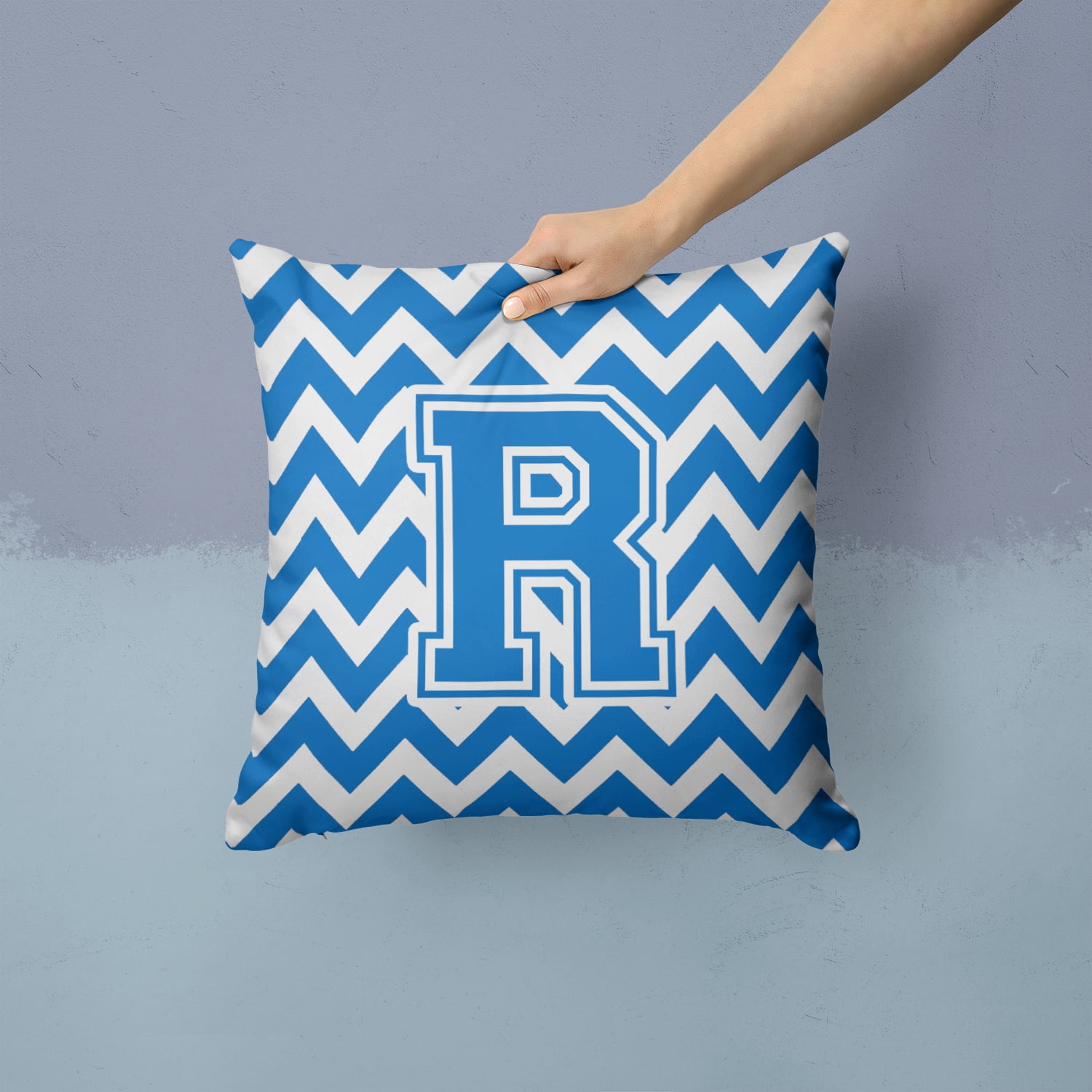 Carolines Treasures Letter R Chevron Blue and White Fabric Decorative Pillow 14Hx14W multicolor