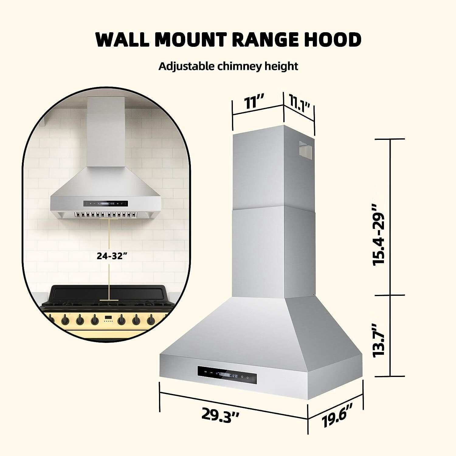 900CFM 30 inch Wall Mount Range Hood Stainless 3-Speed Fan Dishwasher Clean Filter 120V