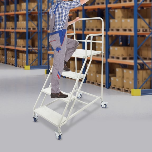 4-Step Steel Rolling Safety Ladder White Heavy Duty 400kg Capacity Mobile Work Platform with Handrail