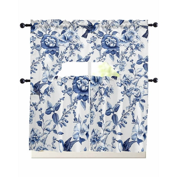 White Blue Spring Floral Kitchen Curtains Sets 36 Inch Length with Valance, Summer Botanical Hummingbird Swag Valances and Tiers Curtain Set Drapes Swag Curtains for Living Room, Bathroom, Bedroom