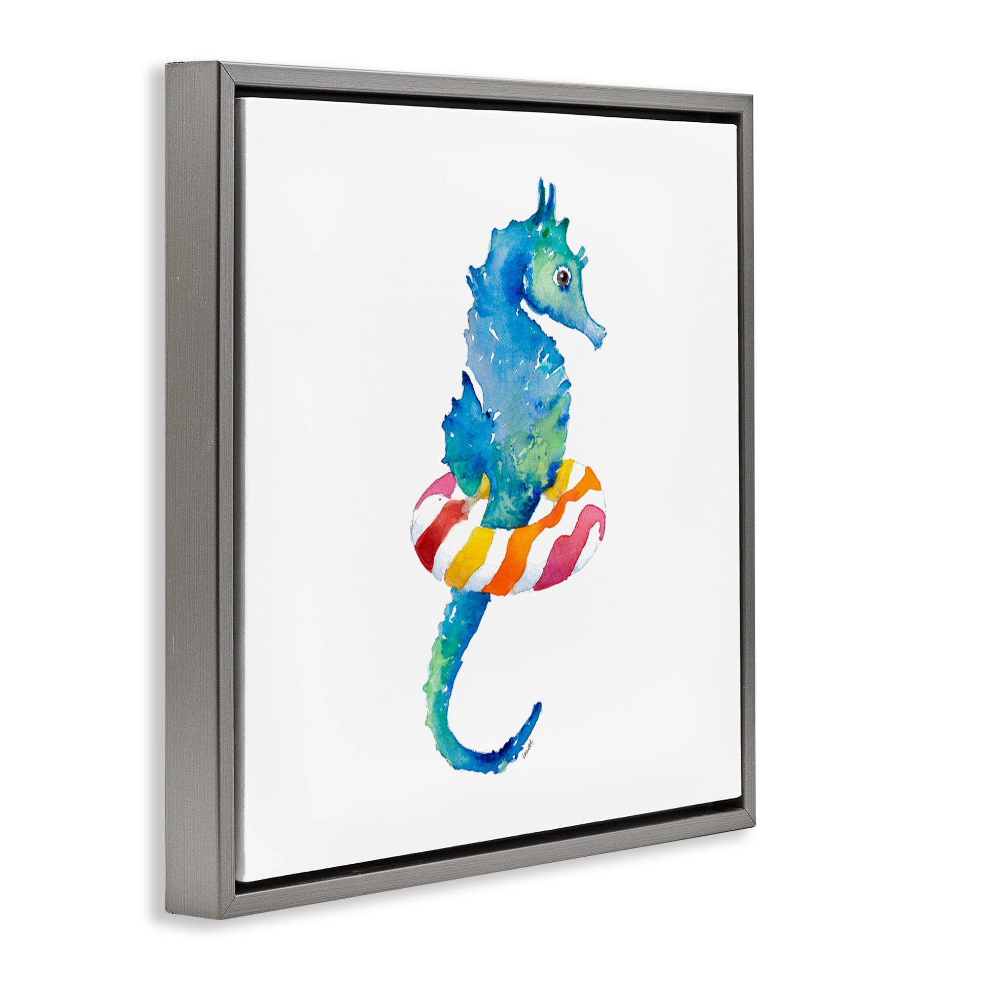 Stupell Industries Summer Float Seahorse Novelty Painting Gray Floater Framed Canvas Art Print Wall Art, 25 x 25