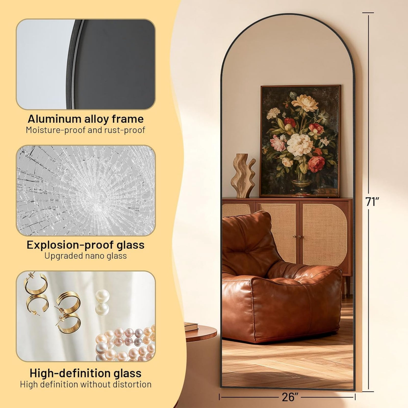 AUROMIR 26"x71" Arched Full Length Mirror Free Standing Full Body Floor Mirror, Black