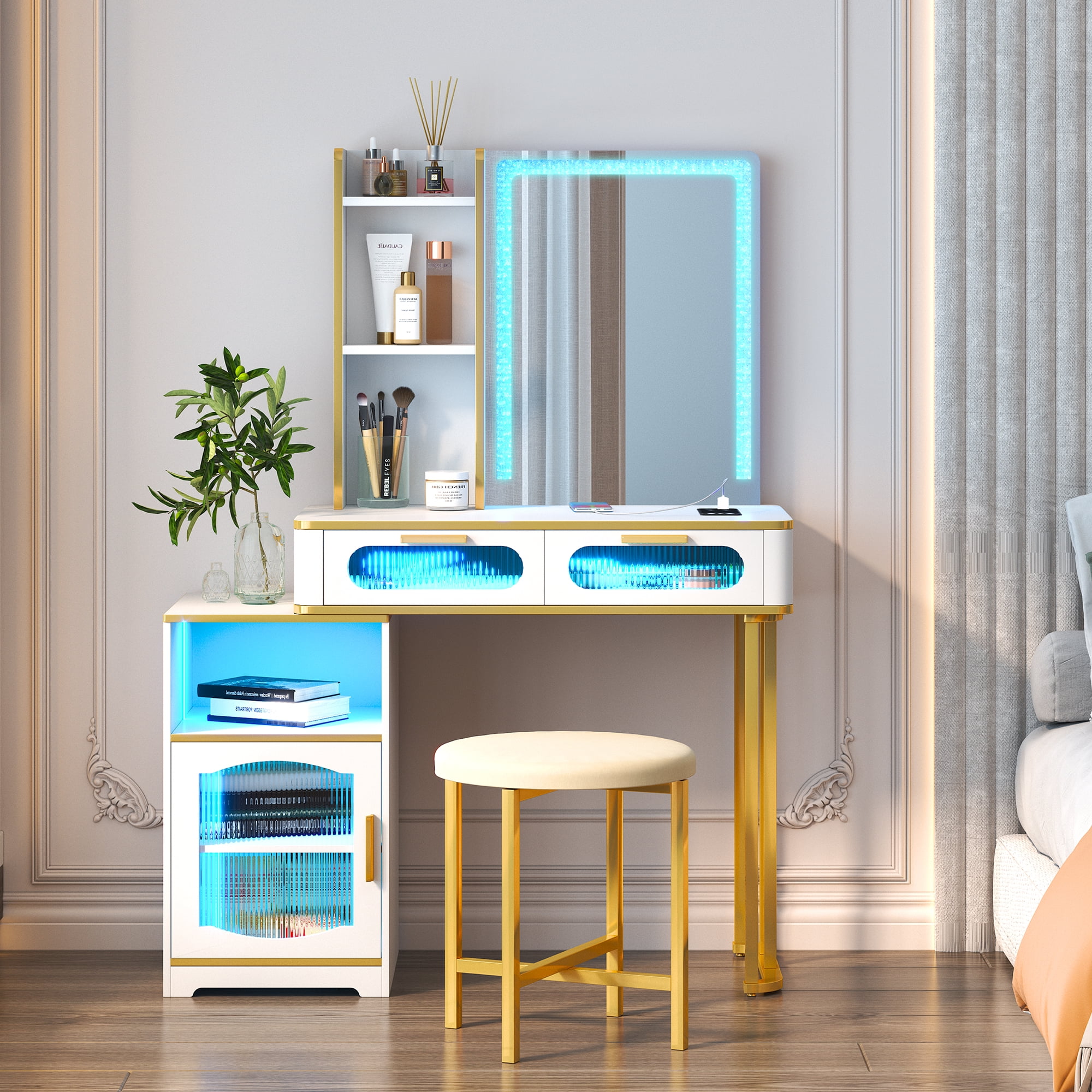 LVSOMT Makeup Vanity Desk Set with Mirror and Lights, LED Makeup Vanity