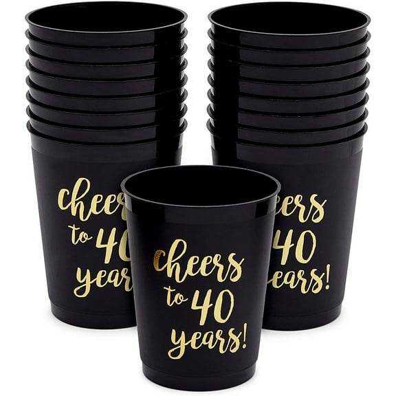 Sparkle and Bash 16 Pack Cheers to 40 Years Plastic Party Cups - 40th Birthday Decorations for Men and Women, Anniversaries (Black Plastic Cups, 16 Oz)