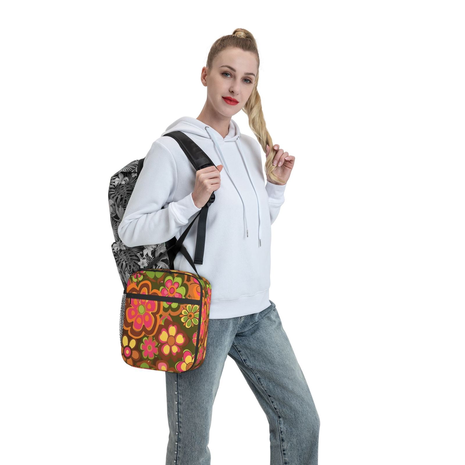 Lunch Bag For Women Men Insulated Portable Lunch Box Bento Box Office Picnic Travel Cooler Bag Retro Groovy Flowers Pattern (4)