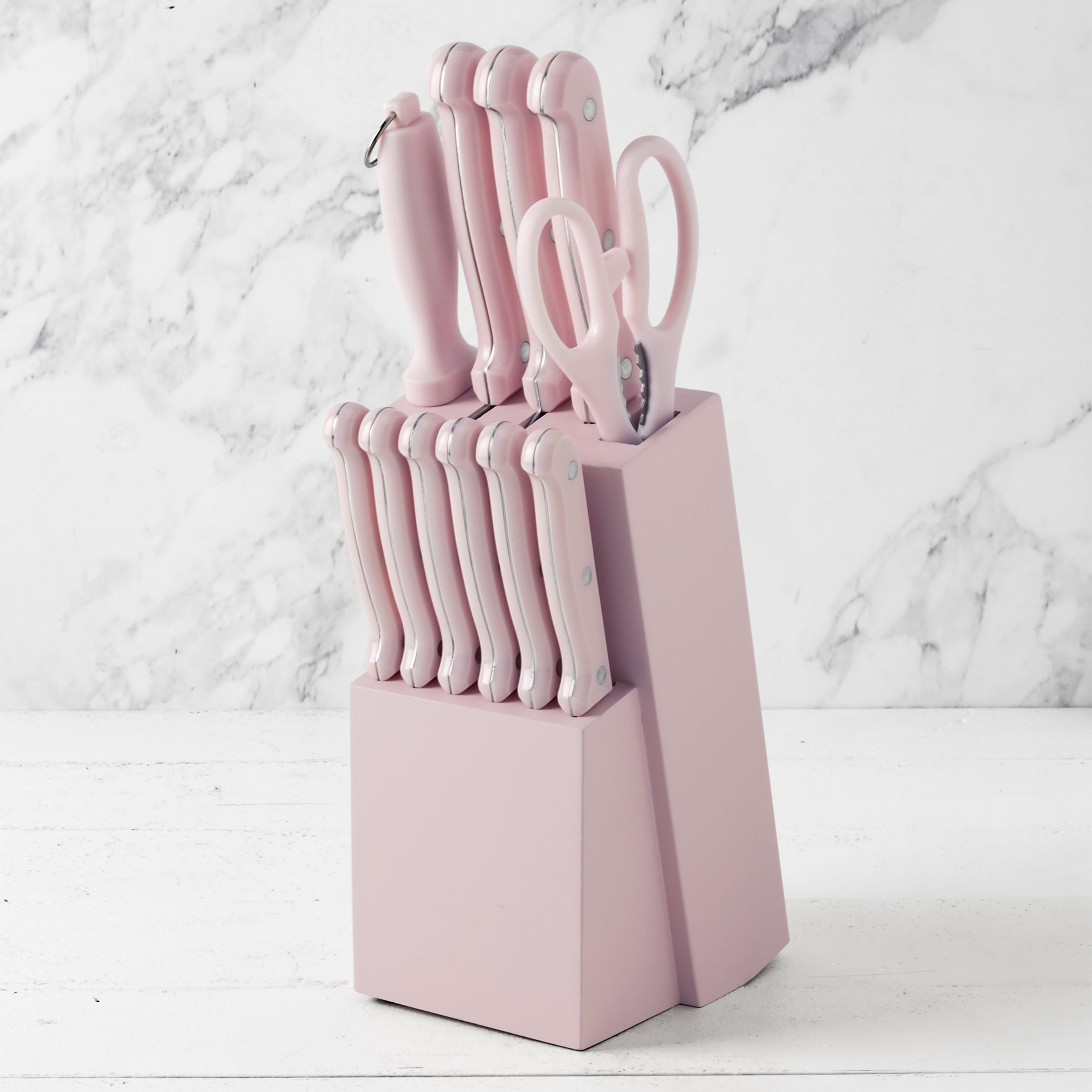 Basic Essentials 12 Piece Stainless Steel Kitchen Knife Set with Wood Block, Pink