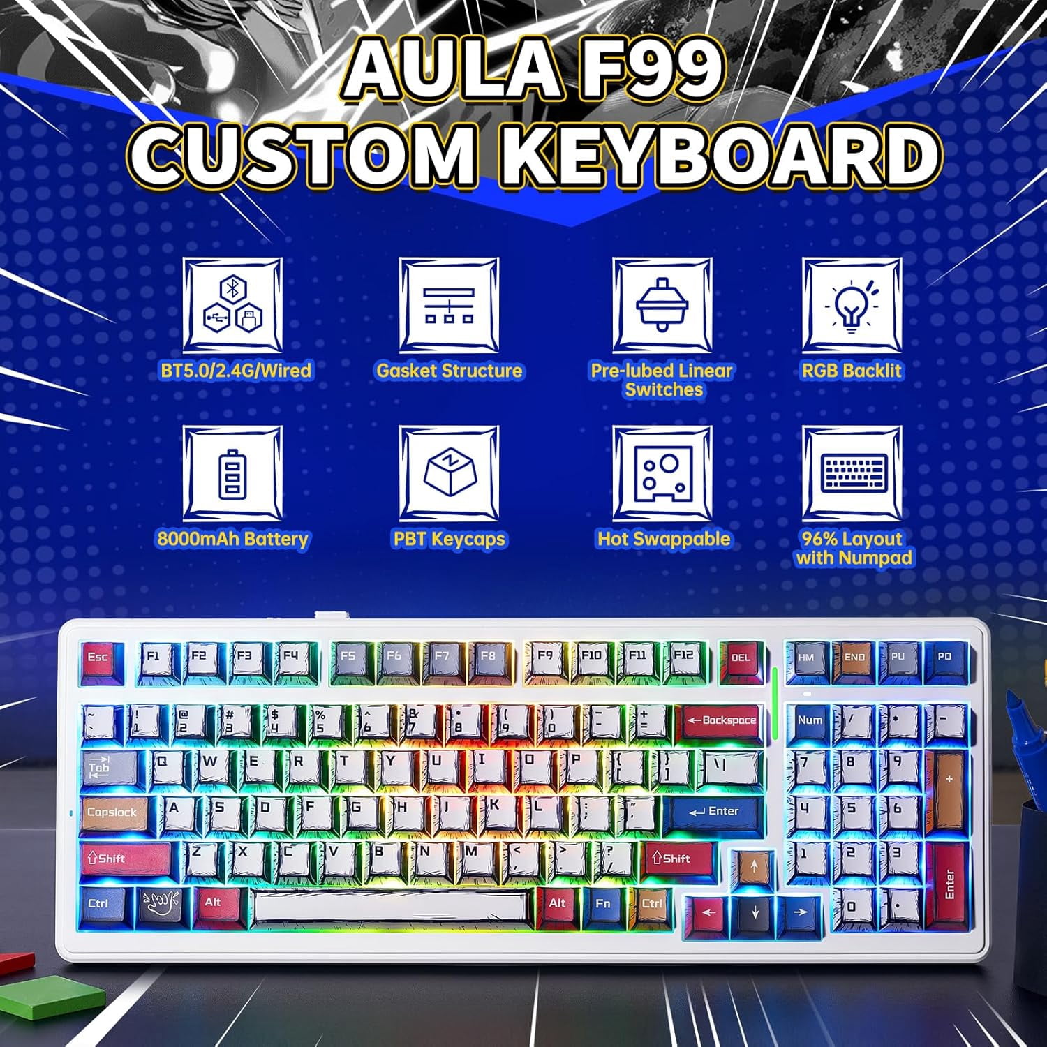 AULA F99, 99-Key, Wireless, Hot Swappable, Mechanical Gaming Keyboard, RGB, 5-Layer Padding, 8000 mAh Battery