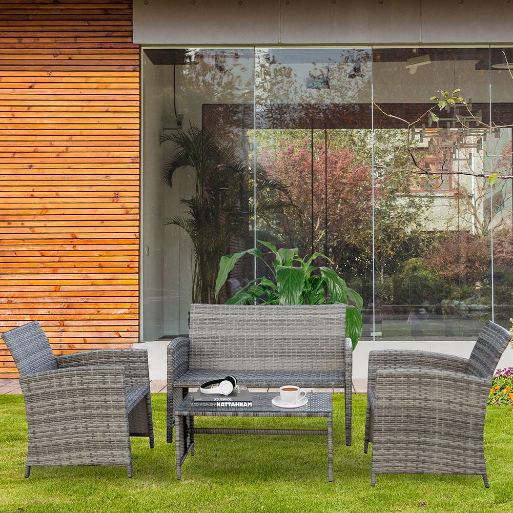 Kadyn 4 Pieces Conversation Sets, Outdoor Patio Wicker Furniture Sets with 2 Single Chairs, Double Chair and Coffee Table, Rattan Conversation Set for Homes, Grey Kadyn 4 Pieces Conversation Sets, Outdoor Patio Wicker Furniture Sets with 2 Single Chairs, Double Chair and Coffee Table, Rattan Conversation Set for Homes, Grey