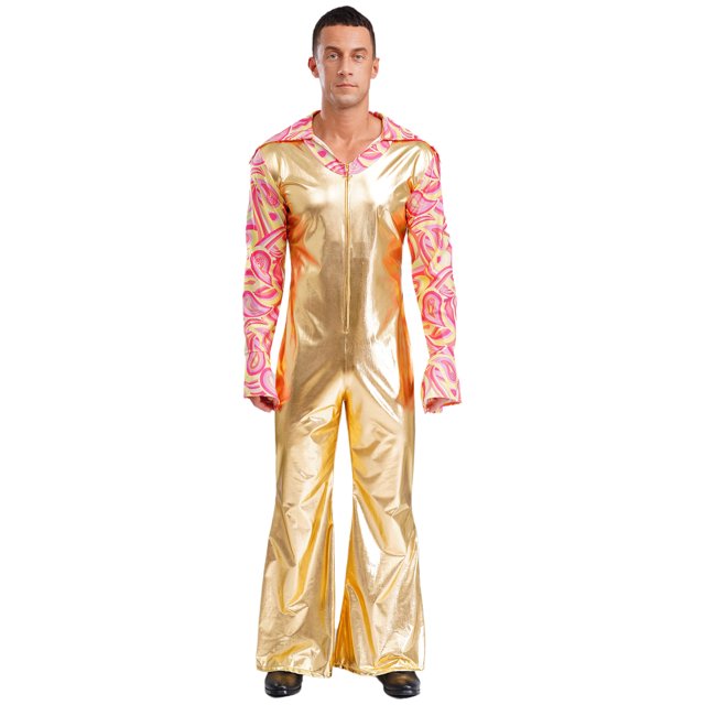 iiniim Men Shiny Metallic Jumpsuits 70s Disco Dance Leotards Stage Performance Costume Wide Leg Rompers Gold XXL