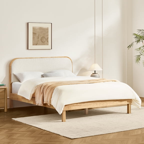 Spruce & Spring Modern Boucle Upholstered Platform Bed with Solid Wood Frame Natural, Queen