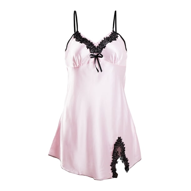 Vestido de pijama de pijama con ribete de encaje satinado sexy para mujer Rosa floral XL