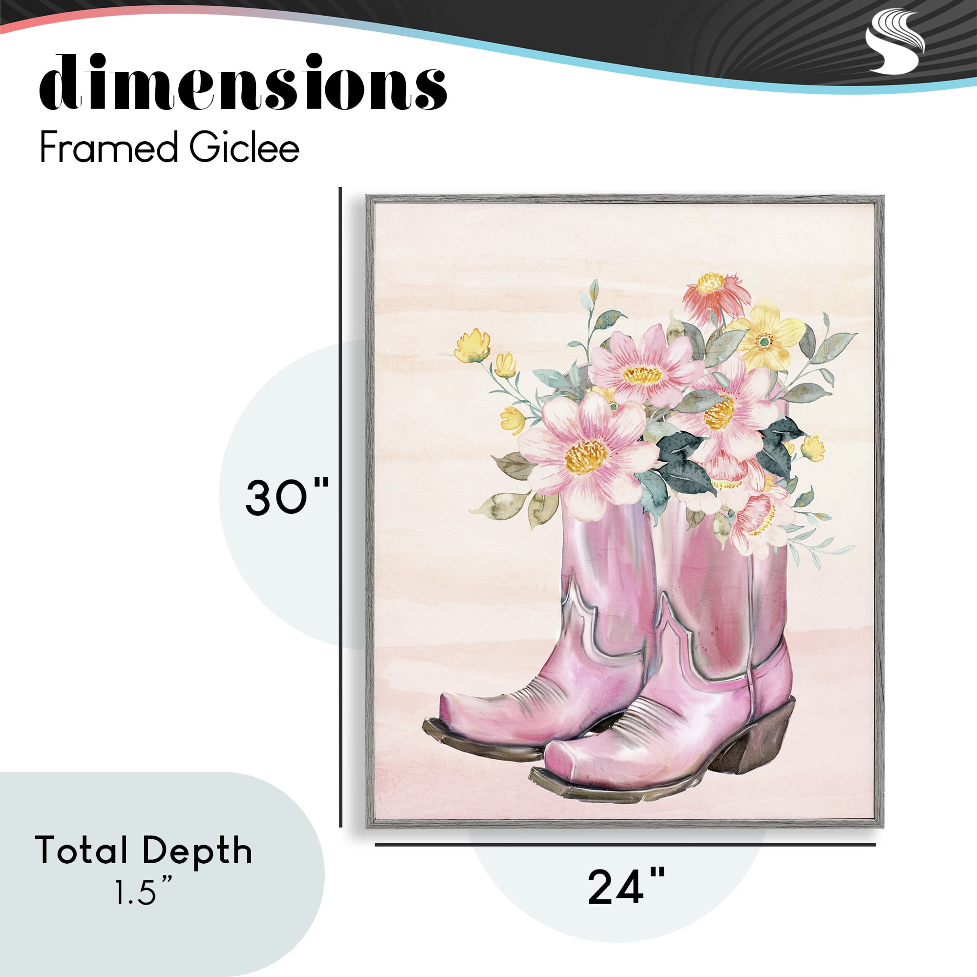 Wildflower Floral Boots Gray Framed Giclee Art, design by Kim Allen