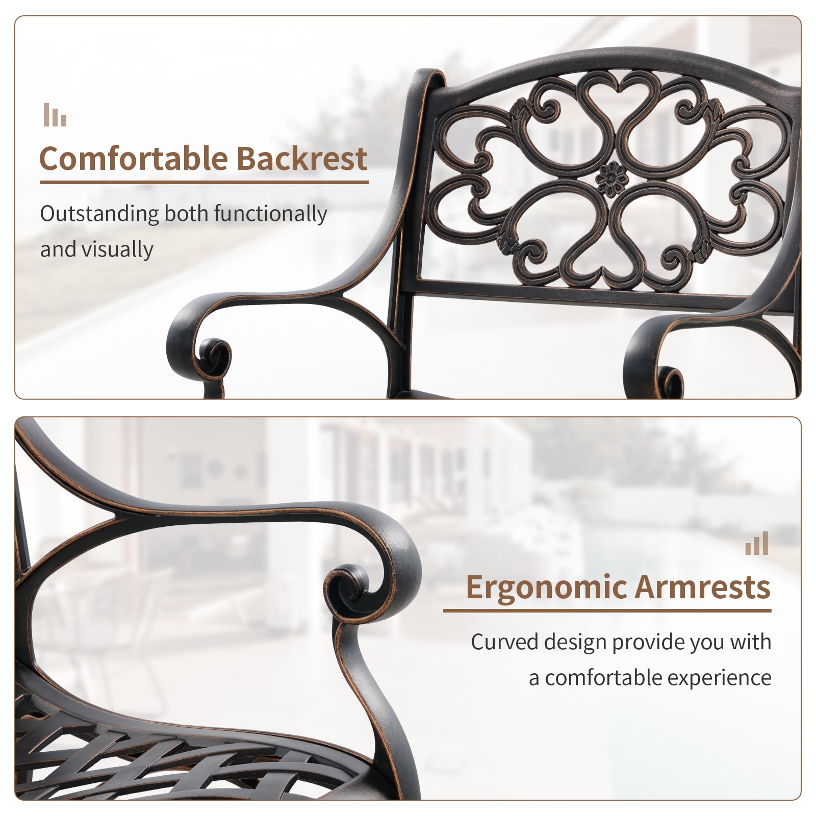 PATIO-IN Cast Aluminum Patio Chair Set of 2 with Armrests, Antique Bronze Metal Bistro Chairs, Outdoor Patio Dining Chairs for Garden, Porch, Poolside