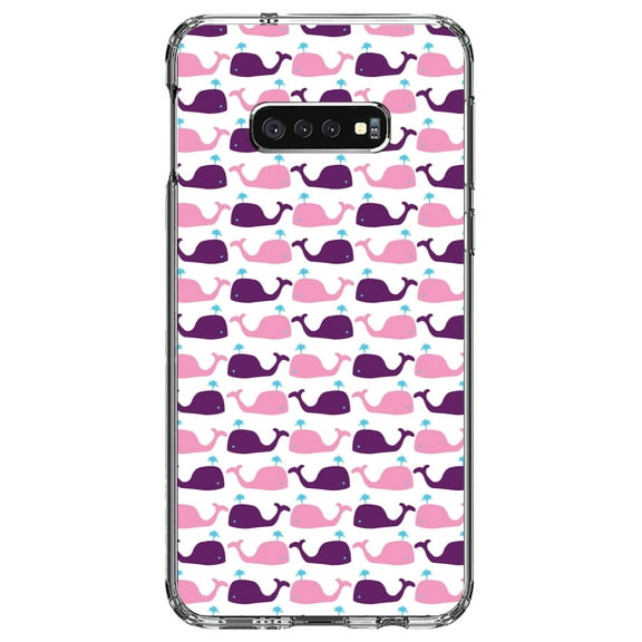 DistinctInk Clear Shockproof Hybrid Case for Samsung Galaxy S10e (5.8" Screen) - TPU Bumper, Acrylic Back, Tempered Glass Screen Protector - Purple Pink Cartoon Whales - Cartoon Whales
